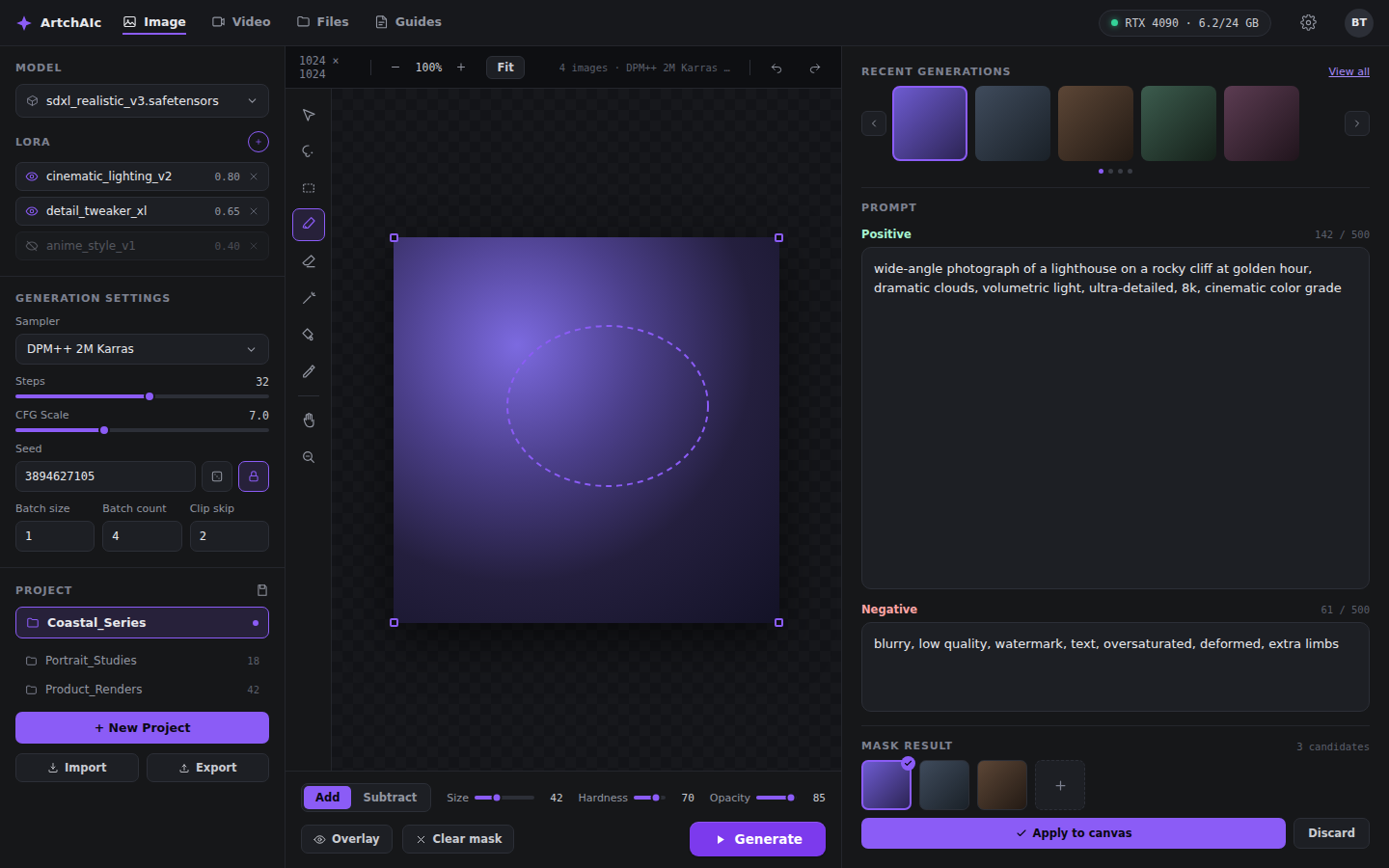 Design preview of the ArtchAIc image workspace, showing model controls, a canvas, and prompt editor
